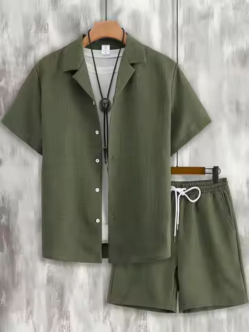 Linen-Like Textured Cuban Collar Shirt Shorts Set Men's Summer Loose Smart Casual 2 Piece