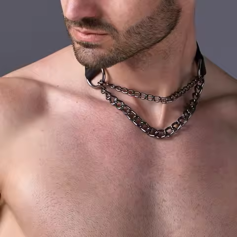 Black Body Harness Metal Leather Necklace Men's Role Play Harness Male PU Leather Bondage Suspenders