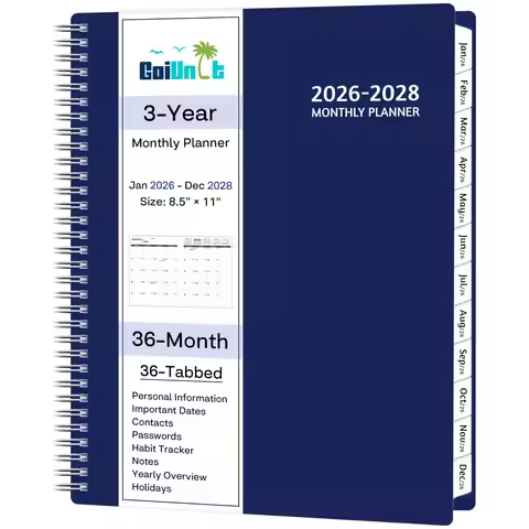 Jan 2026 – Dec 2028 Monthly Planner, 8.5"x11" Spiral with Habit Tracker, Pocket & Tabs for School & 