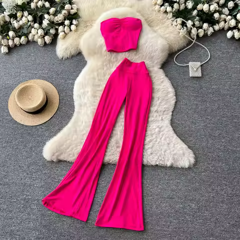 Two Pieces Women Pant Sets Solid Matching Sets Strapless Sleeveless Top Full Length Empire Waist Fla