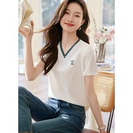 เสื้อยืดคอกลมแขนสั้นผ้าคอตตอนสไตล์เกาหลีสำหรับผู้หญิงในช่วงฤดูร้อน เสื้อผ้าทำงานลำลองสำหรับผู้หญิง ล