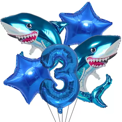 5pcs Cartoon Blue Shark Number Digital Balloons Set Boys Ocean Marine Animals Birthday Party Decor S