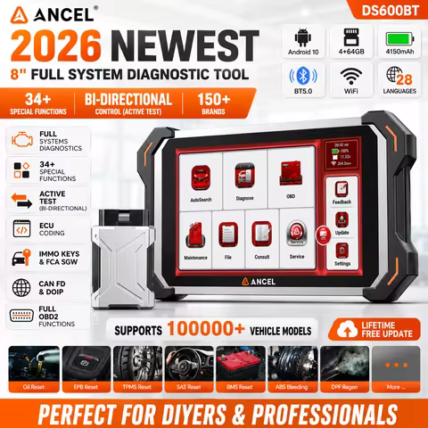 ANCEL DS600BT Professional OBD2 Diagnostic Tool ECU Coding DOIP CAN-FD FCA 34 Resets All System Bidi