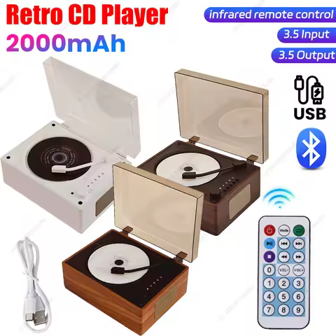 Retro CD Player Rechargeable Support CD BT USB 3.5mm AUX Portable CD Player Bluetooth-Compatible 5.0