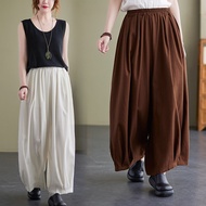 #2959 Summer Pleated Wide Leg Pants Women High Waisted Pants Loose Vintage Cotton Linen Long Straight Bloomers Pants Solid Color