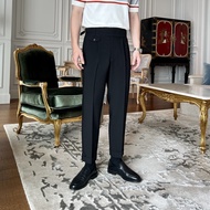 Naples High Waist Trousers Men British High-End Business Casual Solid Color Gurkha Curling Ankle-Len