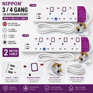 NIPPON II 13A Extension Socket 3 Gang / 4 Gang 2 Meter with 2 USB Port + 1 Type C UK Plug Power Exte