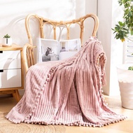 1124Soft Flannel Striped Tassel Ball Blanket Solid Color Flannel Nap Covering Blanket Sofa Bed Cover Air Conditioning Fluffy Plaid Throw Blanket For Sofa Single Bed Queen Bed