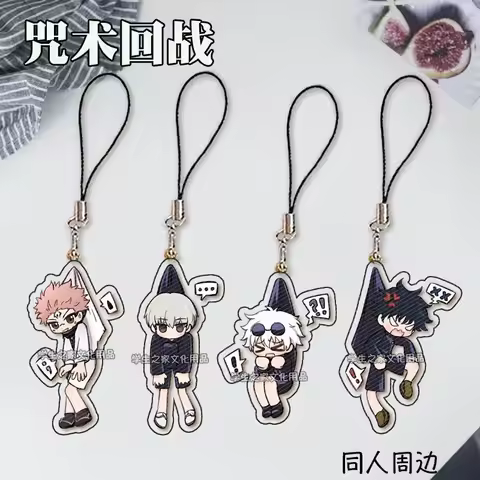 Jujutsu Kaisen phone strap featuring Megumi Fushiguro, Toge Inumaki, and Satoru Gojo; double-sided c