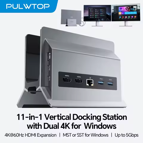 PULWTOP USB-C Laptop Docking Station Dual Monitor, 11 in 1 Vertical USB C Dock Stand with USB A 2.0,