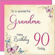 90th Grandma Birthday Card - Beautiful Butterfly Floral Grandmother Birthday Card for 90 Year old Ni