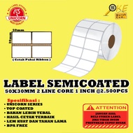 Semi-coated Barcode Label Sticker 50x30mm / 50x30 mm / 50 x 30 mm 2 Line Core 1" 2,500pcs