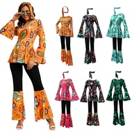 Women 70s Retro Hippie Disco Costume Bell Sleeve Top Flare Pants Set Party Halloween Outfit