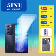 5 in 1 Tempered Glass Film Protective for Vivo Y100 5G Screen Camera Lens Protector and Carbon Fiber Back Film HD Transparent Protective Glass