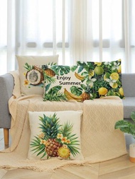 4入組熱帶水果枕套套，椰子/鳳梨/檸檬/香蕉圖案，現代風格，45cm*45cm/17.72in*17.72in正方形仿亞麻材質，單面印刷，柔軟舒適，簡潔大方，適合日常家居裝飾（不包括枕頭）