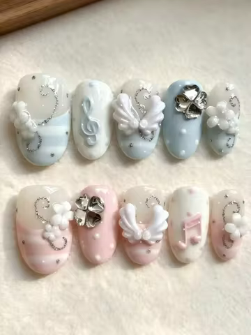 10 Pieces of Macaron-Colored Angel Note and Four-Leaf Clover Short Oval Nail Tips for Girls, Suitabl