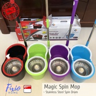 Magic Spin Mop complete with 2 free mop heads made from stainless steel spin drum and spindle making it highly durable, easy to use and push around with it built in castors and rubberized water outlet stopper