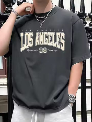 Men's summer 100 cotton fashionable casual loose plus size Los Angeles 98 printed sports round neck 