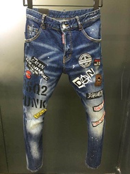 Dsquared2 Brand Mens Denim Pants Mens Casual Slim DSQ Print Badge Embroidery Hole Jeans Retro Stretc