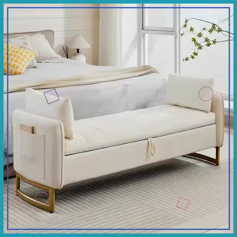 Velvet Storage Bench with Arms Gold Legs 2 Pillows Pockets King Bedroom Living Room Entryway 66", Cu