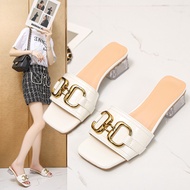 MAY Horsebit Crystal Mid-Heel Sandals Casual Open Toe Slip on Women Kasut Plus Size 35-45