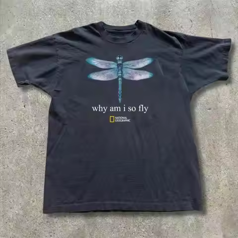 Black National Geographic "Why Am I So Fly" Dragonfly Graphic T-shirt with Blue Dragonfly Graphic an