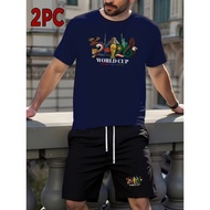 2pcs FIFA World Cup Series | Men'S Casual Crew Neck T-shirt and Shorts Set with Adjustable Drawstrin
