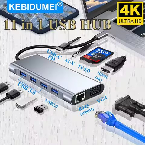 KEBIDUMEI USB C HUB 11-in-1 Docking Station USB 3.0 Adapter Type C to HDMI VGA PD RJ45 1000M Network