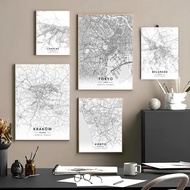 Seni Kanvas Peta Bandar Perjalanan Moden: Poster Caracas, Enschede, Elche, Krakow - Hiasan Dinding u