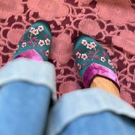 藍梅手繡平底鞋無包跟 / 拖鞋 繡花 刺繡 蘇繡 絲綢 緞面 梅花