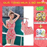 One-piece beach Bikini with skirt, outstanding checkered red 2-strap swimsuit for women, 2-STRING JU