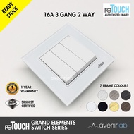reTouch Grand Elements 3 Gang 2 Way 16A Designer Wall Switch SIRIM Approved [WHITE MODULE]