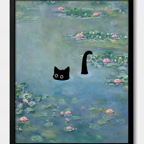 Vintage Monet Cat Canvas Wall Art 8x10 Funny Cat in Water Lilies Print for Bedroom Living Room Bathr