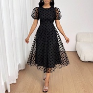 New Black Dress Mesh Fabric Polka Dot Elegant Dress Four Seasons Polka Dot Dress Fall Women Clothes 