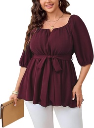 Womens Plus Size Square Neck Peplum Blouses Dressy Tops 3/4 Puff Sleeve Empire Waist Tie Ruffle Hem 