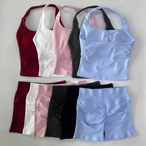No Logo 2 Pieces Sports Set Women Backless Tank Tops High Waist Scrunch Seamless Shorts DF Gym Set S