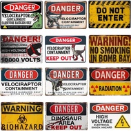 Metal Sign"Danger High Voltage Electrical Shock Hazard,Danger Velociraptor Containment",Tin Sign For