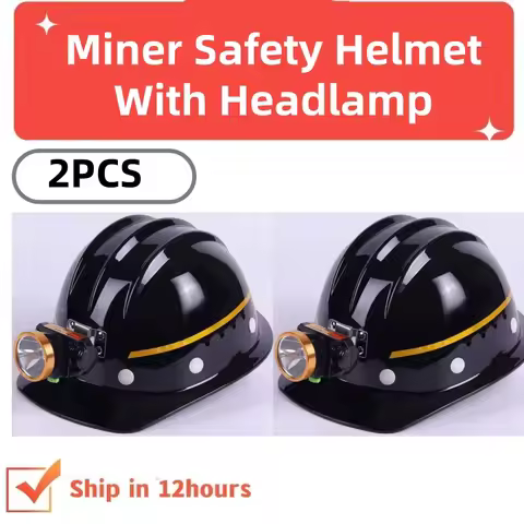 2pcs Miner Safety Helmet with Headlamp Construction Helmet Black ABS Mining Industrial Protective Sa