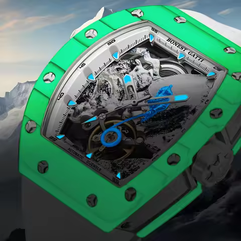 BONEST GATTI Men Carbon Fiber Skeleton Full Automatic Mechanical Fashion Luxury Tonneau Wristwatch