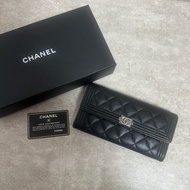 正品 Chanel boy黑銀荔枝皮長夾