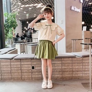 新款时尚女童套装2025新款洋气儿童装女孩时髦娃娃领短袖短裙潮7.13