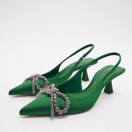 Zara Autumn Women's Shoes Green Bright Bow-Ornaments Halter Foreign Trade High-Heel Mules 2222010 03