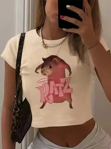 Kawaii Rat Ratz Mouse Cropped Print Crew Neck T-shirt Y2K Short Sleeve Tight Fit Crop Top Spring Sum