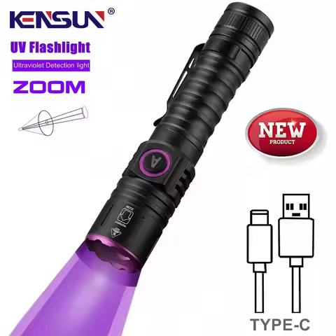 365/395nm UV Flashlight Zoom 5W Type C USB Rechargeable Black Light for Resin Curing, Pet Urine Dete