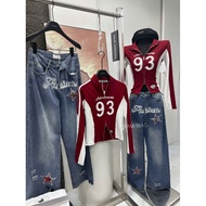 Number 93 zip-up shirt set mixed with zip-up straight jeans