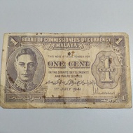 1941 Malaya 1 cent banknote King George Vl Straits Settlement Fine condition holes