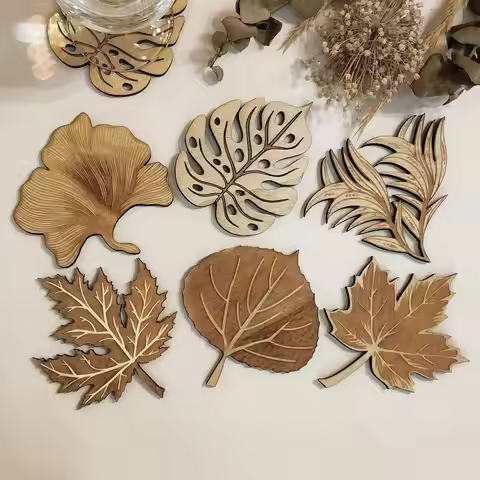 6pcs Retro Leaf-shaped 2D 4in Wooden Coaster Plant Art Design Beverage Coaster Home Kitchen Suitable