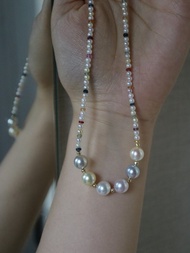 日本直送 糖果色 串珠項鏈 Akoya海水珍珠 天然藍寶石 18k黃金