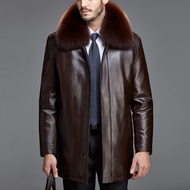 Pakaian musim sejuk kulit lelaki pertengahan umur dan warga emas kolar bulu musang pertengahan panjang kulit tulen jaket