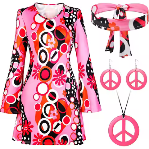 Women girls 60s 70s party cosplay hipster costume Halloween Carnival party disco ladies dress dance 